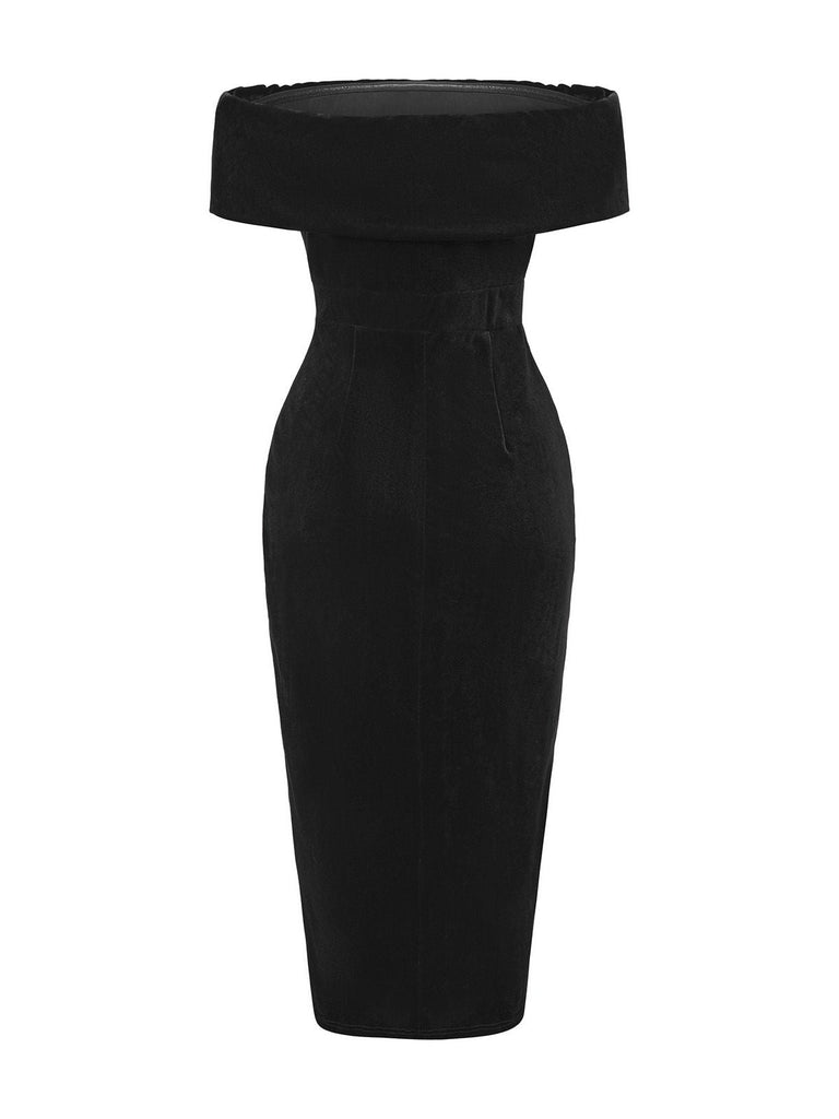 1980er Solide Samt Schulterfrei Midi Kleid