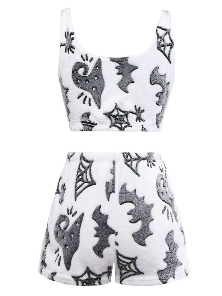 2PCS Weiß 1970er Glühend Halloween Spinne Flanell Pyjama