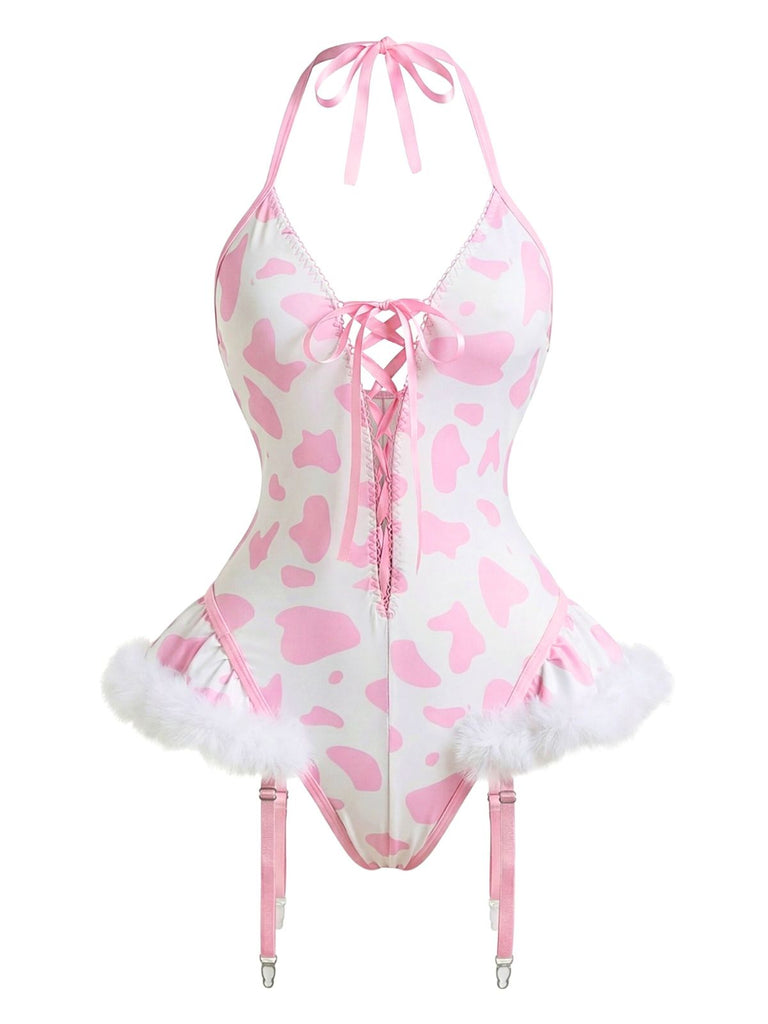 1960er Kuhflecken Halter Schnürung Plüsch Dessous Set