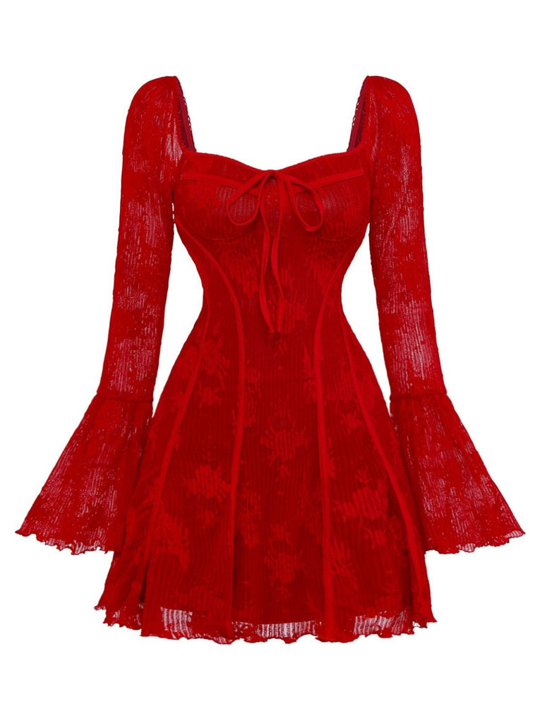 Rot 1960er Blumen Bogen Glockenärmel Gestrickt Kleid