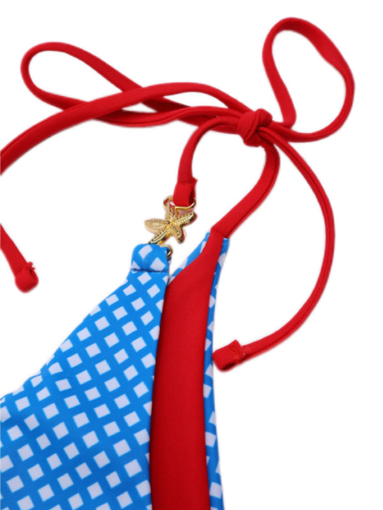 2PCS Blau 1950er Halter Plaid Legierungsstern Bikini Set & Shorts