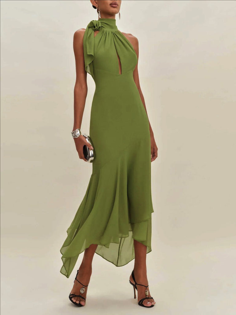 Grün 1930er Halter Netz Rückenfrei Chiffon Midi Kleid