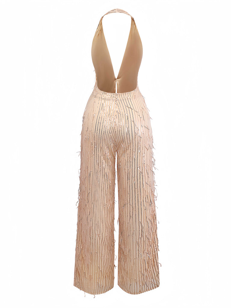 1970er Halter Tief V-Ausschnitt Paillette Franse Jumpsuit