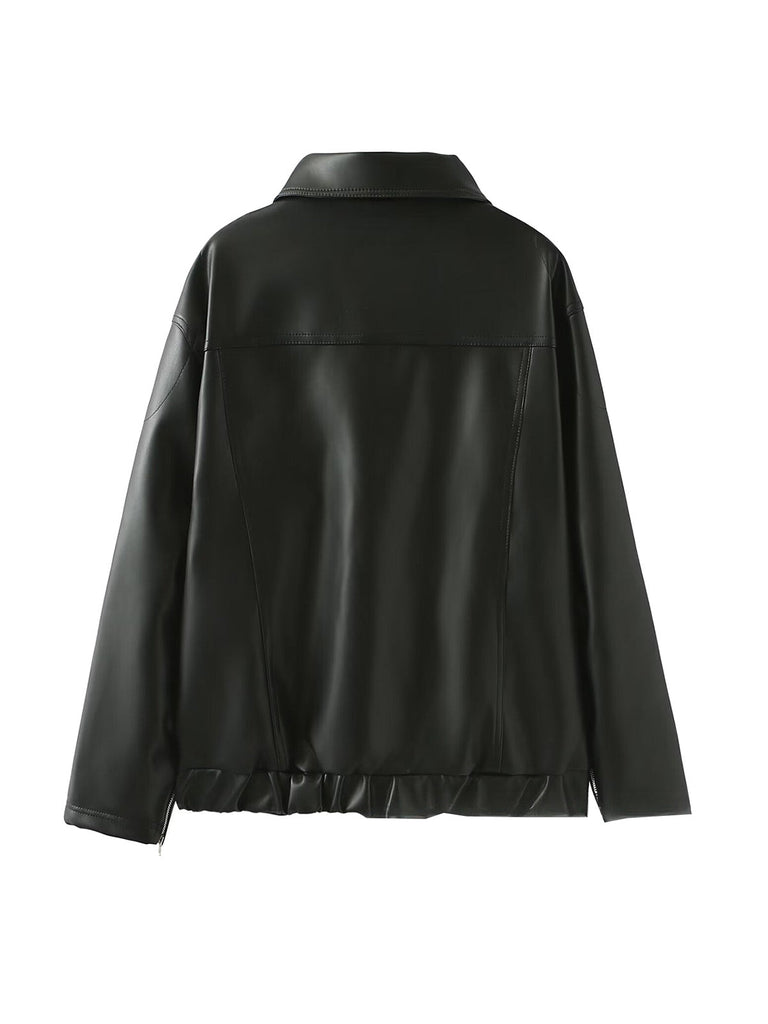 Schwarz 1970er Leder Bogen Revers Jacke