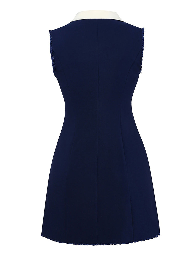 Dunkelblau 1960er Kontrast Rohe Manschetten Tasten Kleid