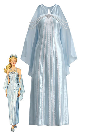 Hellblaues 80er Maxikleid im Amidala-Stil mit Cape-Ärmeln