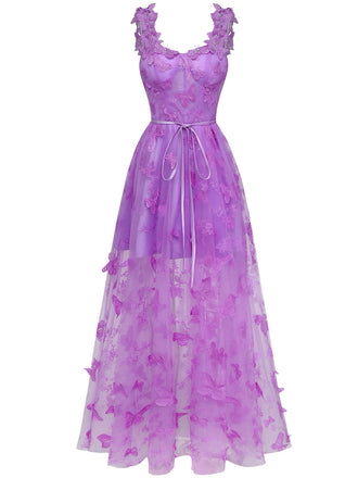 1930er Spaghetti Träger 3D Schmetterlinge Netz Maxi Kleid