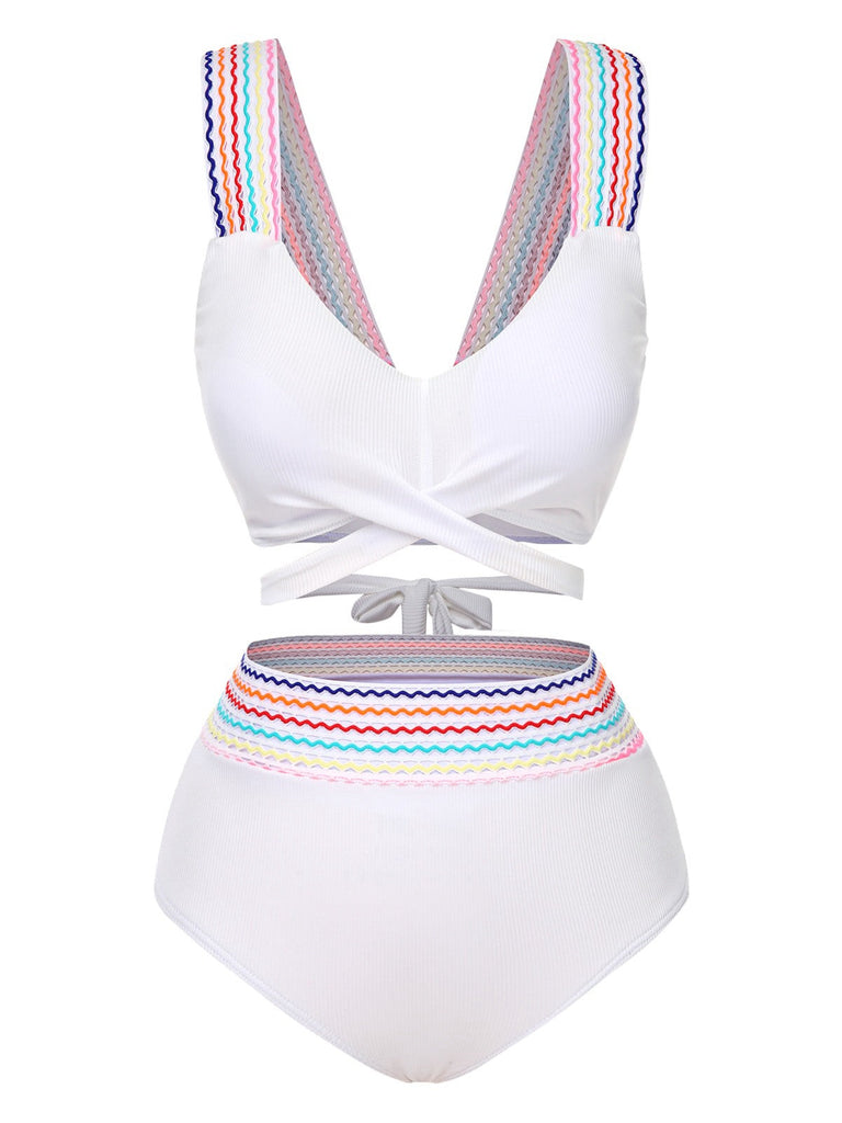 1940er Regenbogen Schnürung Patchwork Gurt Bikini Set