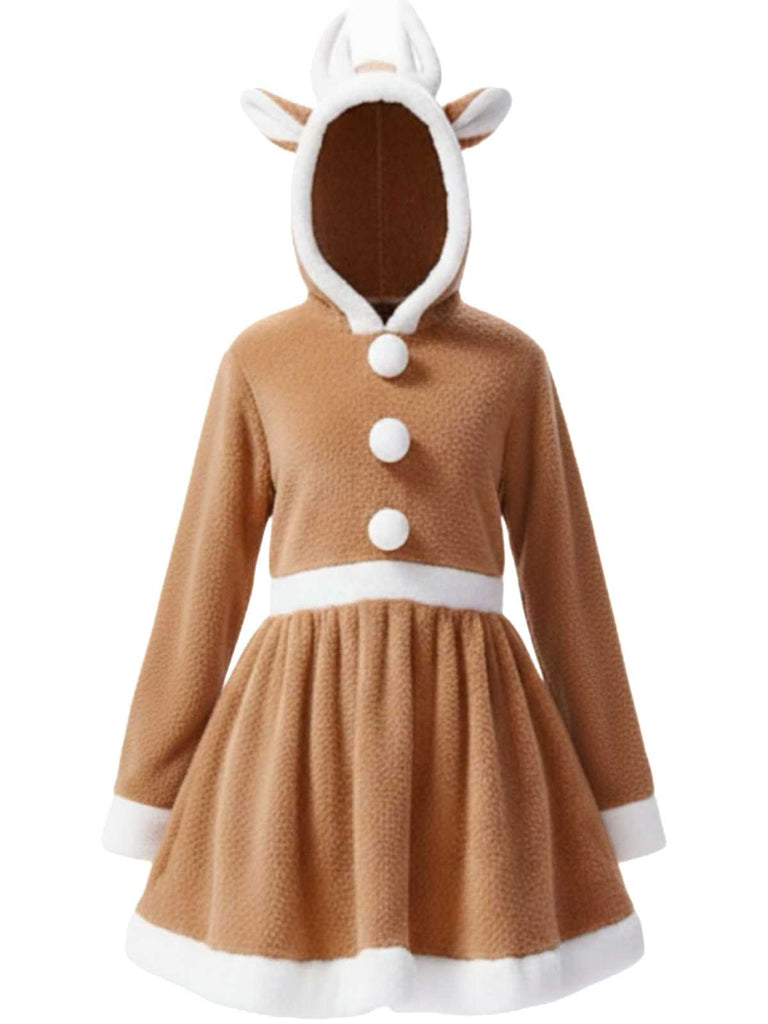 1960er Weihnachten Ren Hooded Korallenvlies Kleid