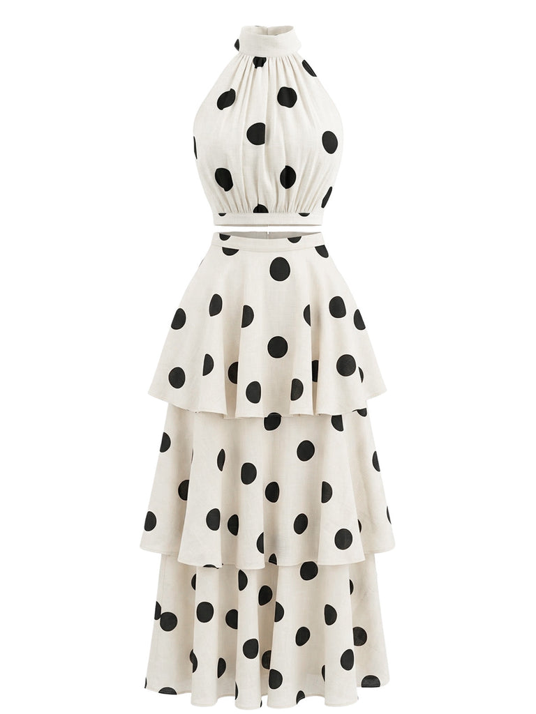 Beigefarbenes, ärmelloses Neckholder-Rock-Set im Stil der 1950er Jahre mit Blumenmuster und Polka-Dots – Vintage-Rock, Retro-Stil