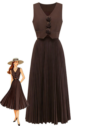 Braunes zweiteiliges Set aus den 1940er Jahren mit ärmelloser Weste und plissiertem Midirock für einen Vintage-Look