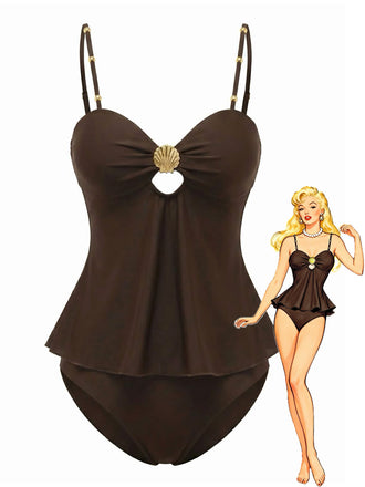 Dunkelbrauner, einfarbiger Tankini im Stil der 1950er Jahre – Vintage-Mode, Retro-Stil