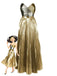 Glamouröser, goldfarbener Metallic-Badeanzug im Stil der 1950er Jahre mit passendem Faltenrock, perfekt für elegante Momente am Pool und in Strandresorts.