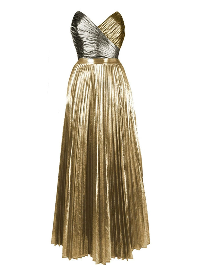Vintage-inspirierter, goldfarbener Metallic-Badeanzug und fließender, plissierter Überwurf im Stil der 50er Jahre, ideal für luxuriöse Strandurlaube und Poolpartys