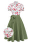 [Vorverkauf] 2PCS Grün 1950er Blumen Schleife Bluse & Swing Rock