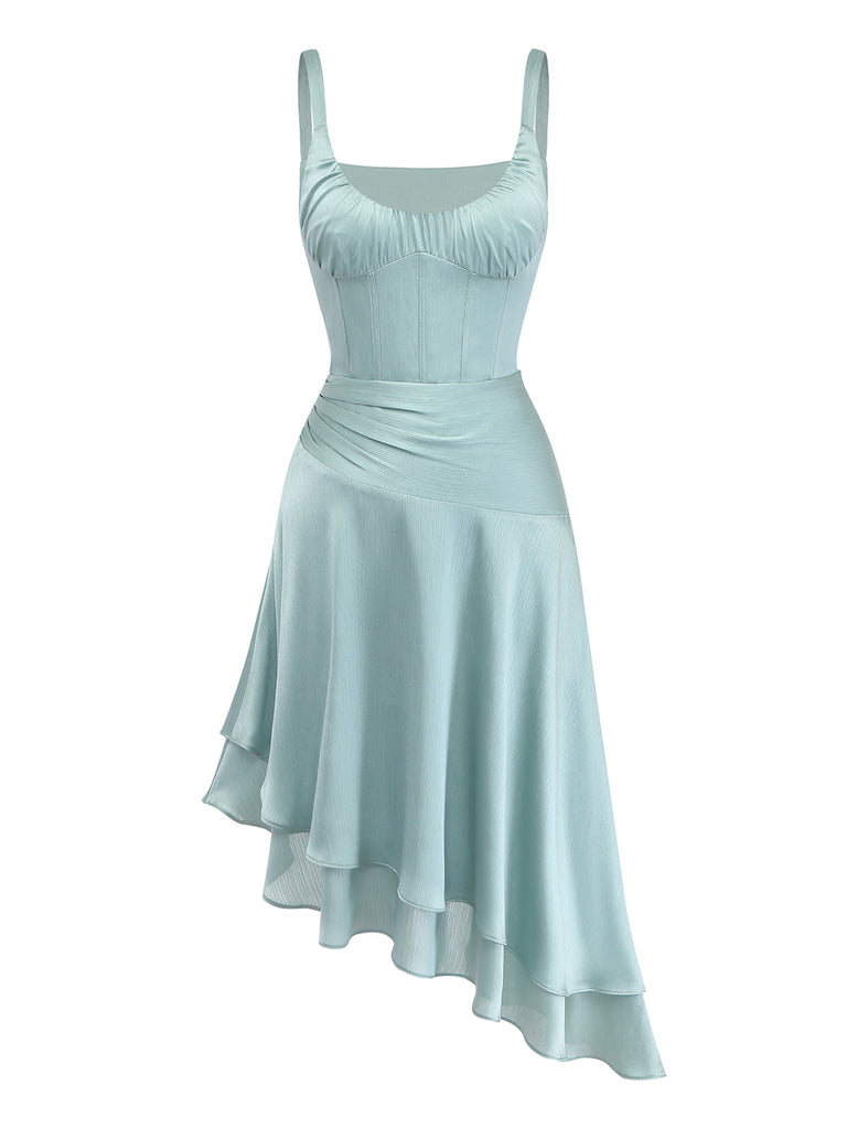 2-teiliges Set – Grün – 1960er-Jahre – Wellenmuster – Fischgrätenmuster – Top – Asymmetrischer Rock – Vorderansicht