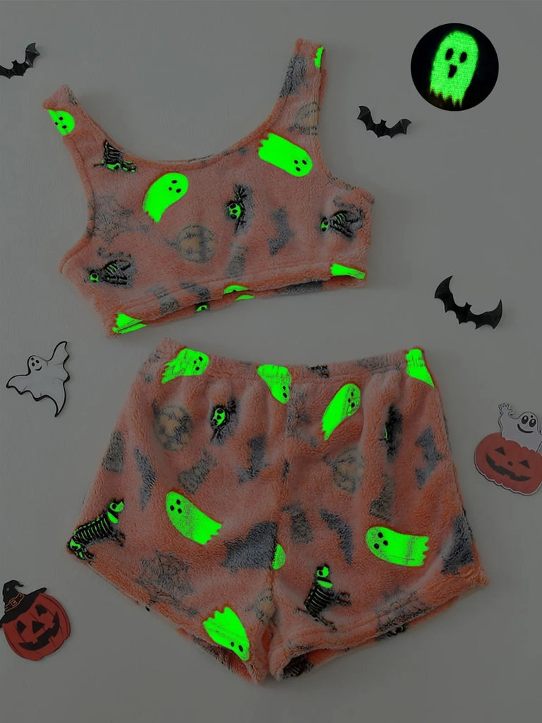 2PCS Orange 1960er Halloween Geist Vlies Pyjama Set