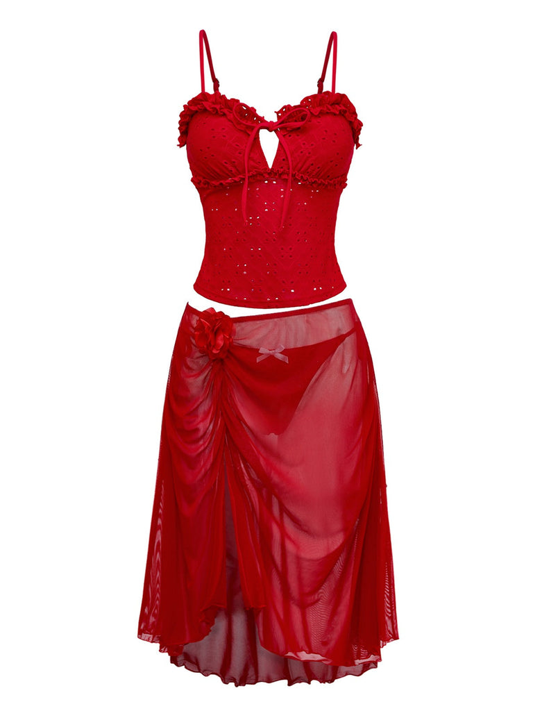 2-teiliges rotes Tankini-Set im Stil der 1960er Jahre mit Rüschen und Ausschnitt – Überwurf von vorne