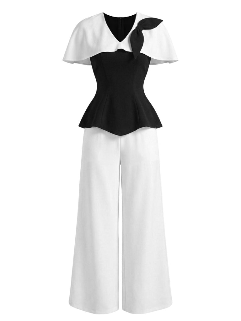 2-teiliges Set – Schwarz-Weiß – 1950er-Jahre – Cape-Kragen – Farbblock-Oberteil und -Hose