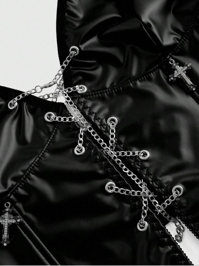 Schwarz 1980er Gothic Kreuz Kordelzug Chain Halter Korsett