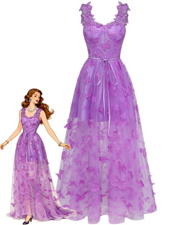 1930er Spaghetti Träger 3D Schmetterlinge Netz Maxi Kleid