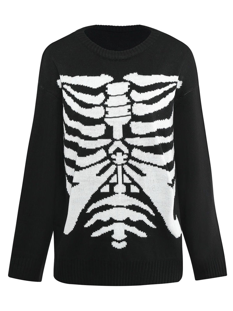 Schwarz 1950er Halloween Skeleton Druck Strick Pullover