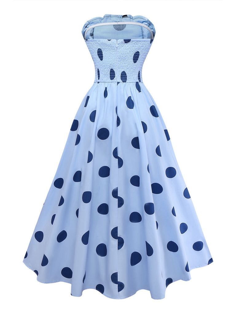 Blau 1940er Polka Punkte Trägerlos Plissiertes Kleid