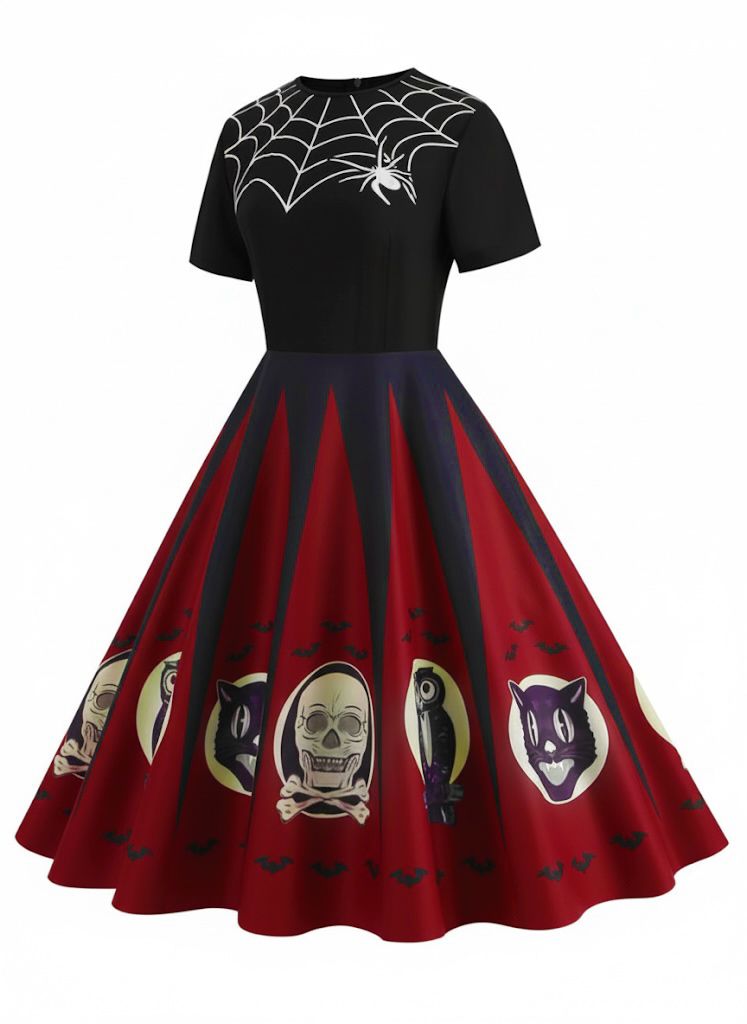 1950er Halloween Spinnennetz Druck Patchwork Kleid