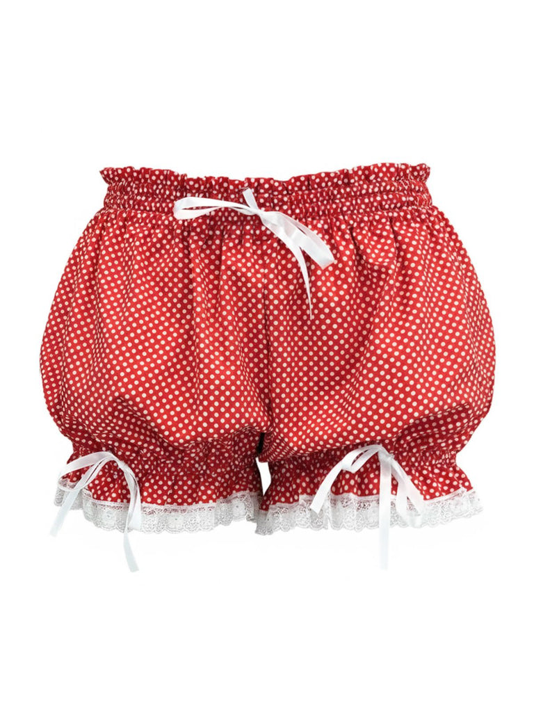 Rot 1980er Tupfen Bogen Spitze Besatz Kürbis Shorts