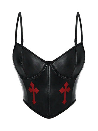 Schwarz 1970er Gothic Kreuzen Kunstleder Cami Top