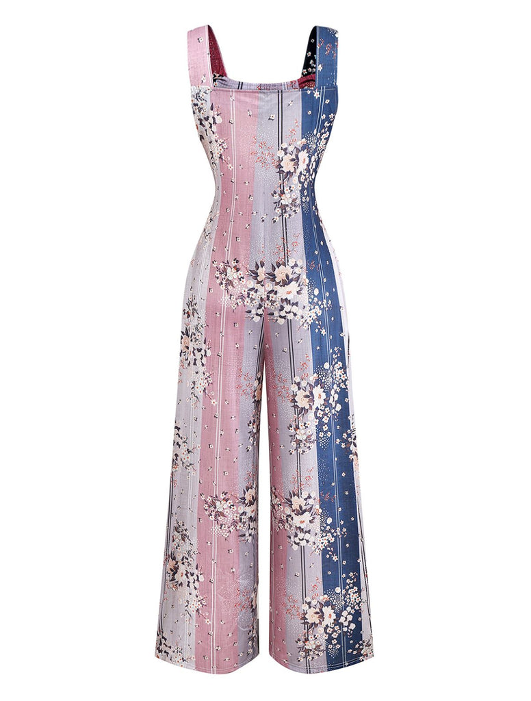 1930er Blumen Farbblock Hohe-Taille Straps Jumpsuit