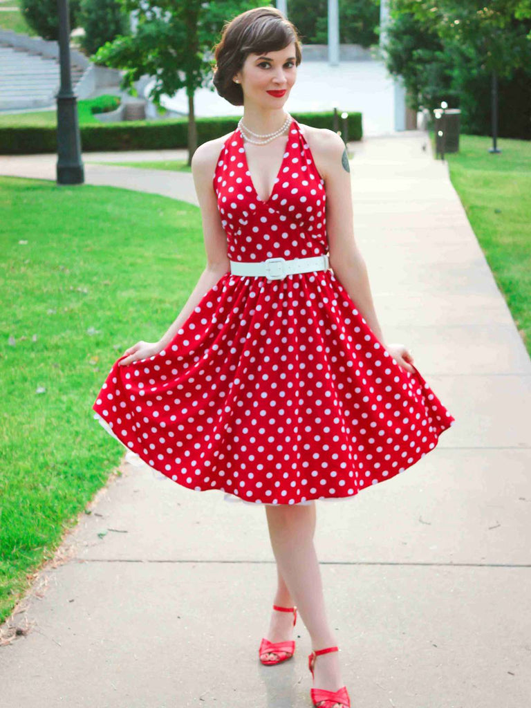 Rot 1950er Polka Dot Halter Kleid