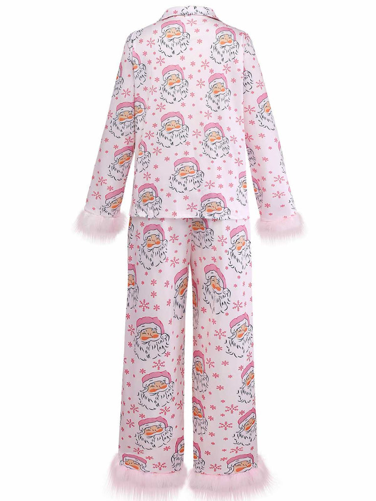 Rosa 1950er Santa Muster Pelzbesatz Pyjama Set