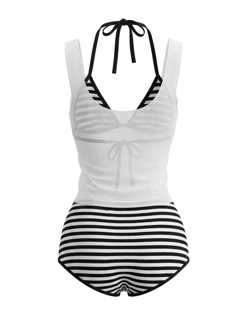 3PCS 1980er Streifen Bikini Set & Durchsichtig Cover-Up Tank