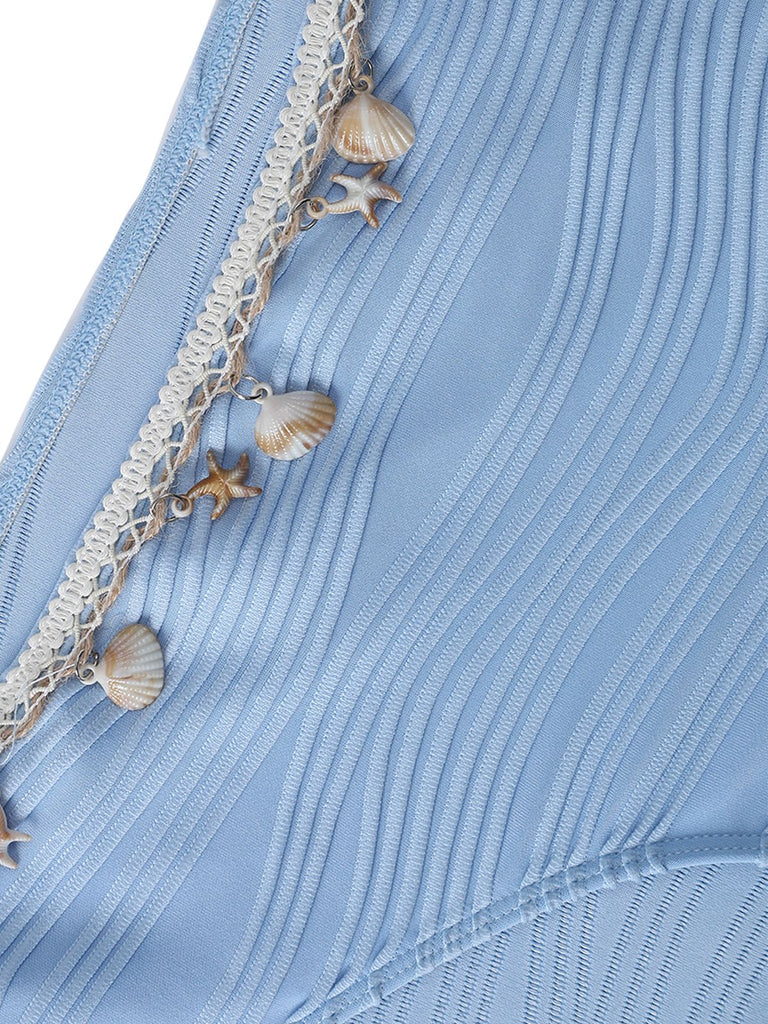 Details: 3-teiliges blaues Bikini-Set aus speziellem Muschelstoff im Stil der 1940er Jahre, Retro-Design, perfekt für Vintage-Mode-Liebhaber