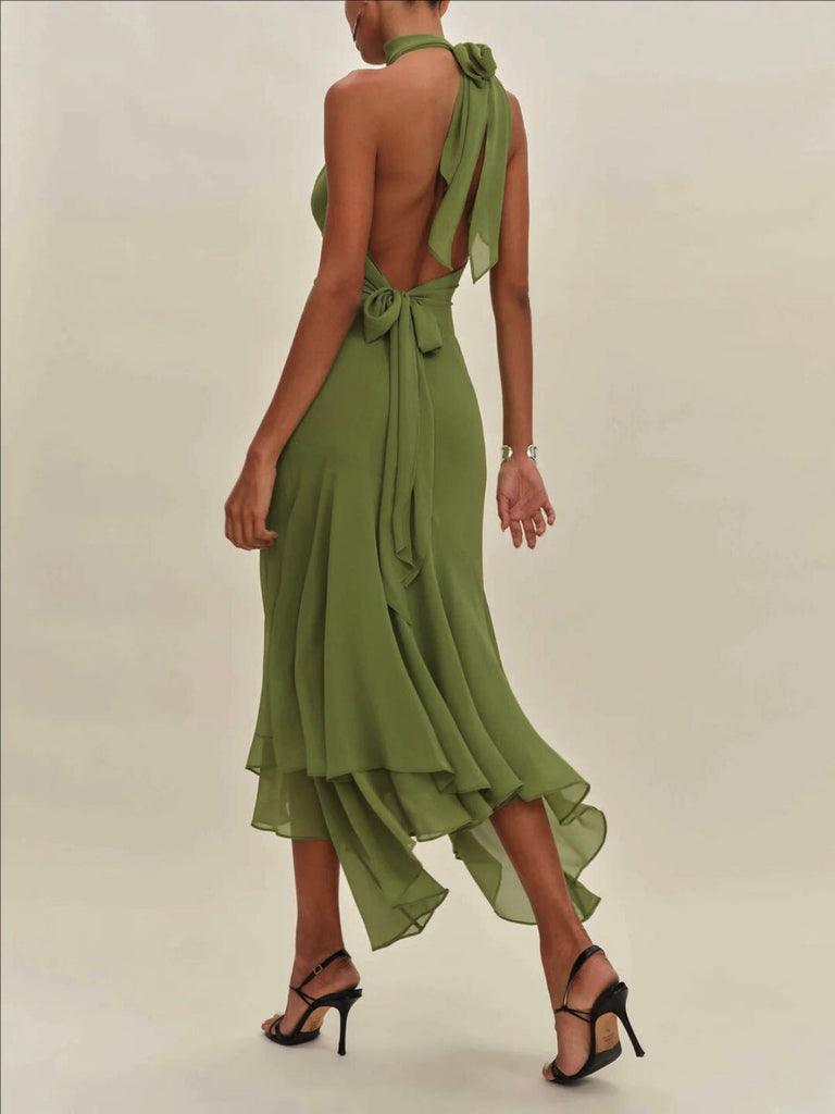 Grün 1930er Halter Netz Rückenfrei Chiffon Midi Kleid