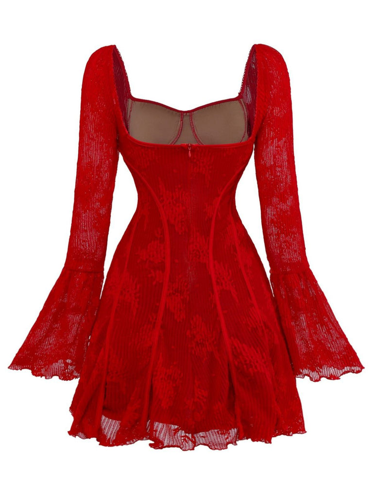 Rot 1960er Blumen Bogen Glockenärmel Gestrickt Kleid