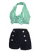 [Plus Size] Grüner Retro Halter Streifen Bikini Set