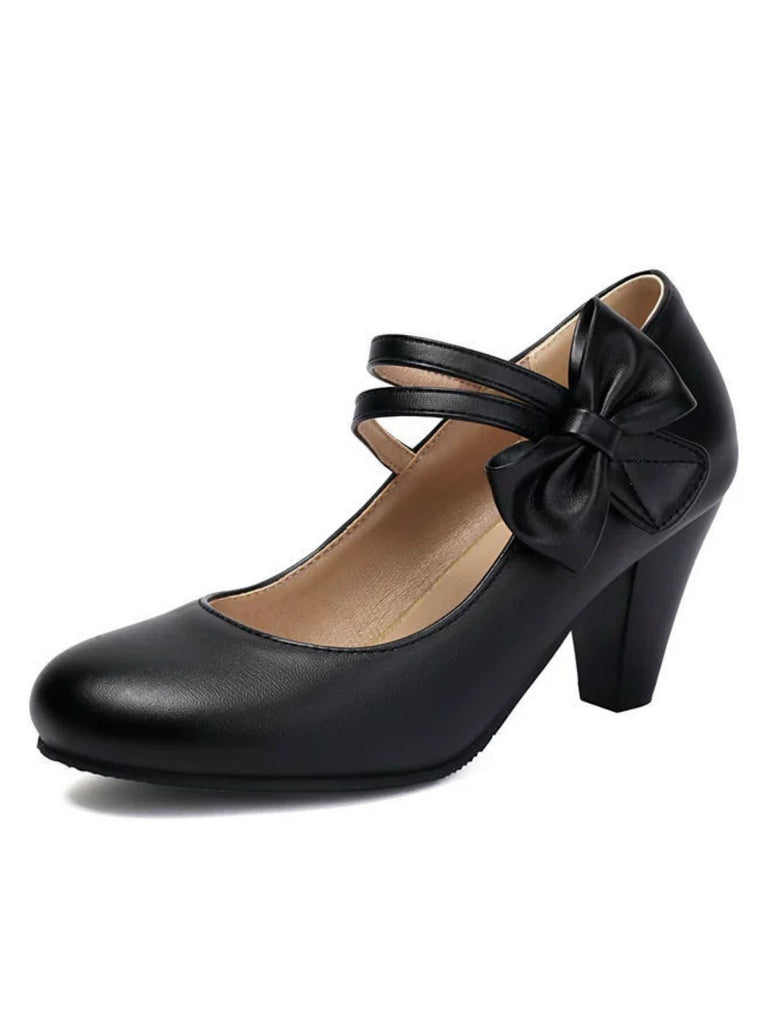 Vintage Bogen Träger Solide Leder Hoher Absatz