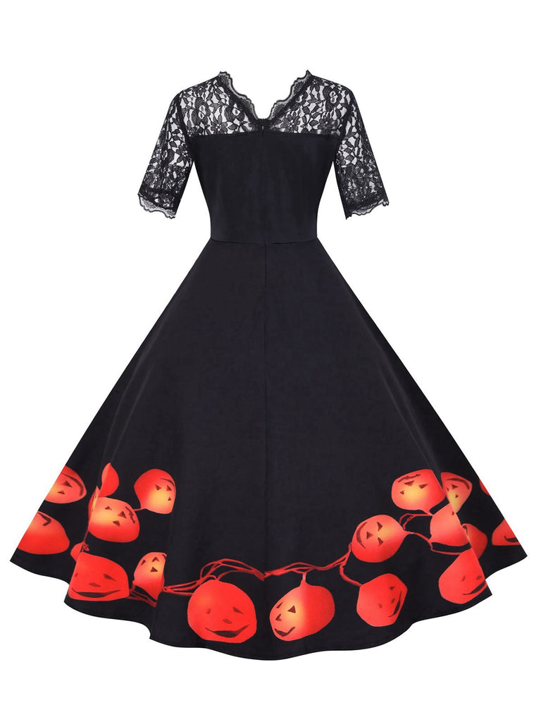 Schwarz 1950er Halloween  Kürbis Spitze Ärmel Patchwork Kleid