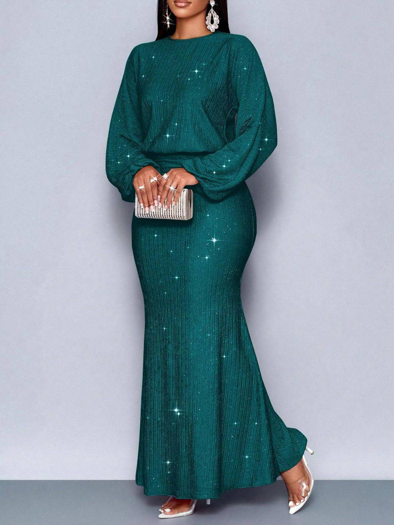 1930er Funkeln Gerüschtes Laternenärmel Stricken Fischschwanz Kleid