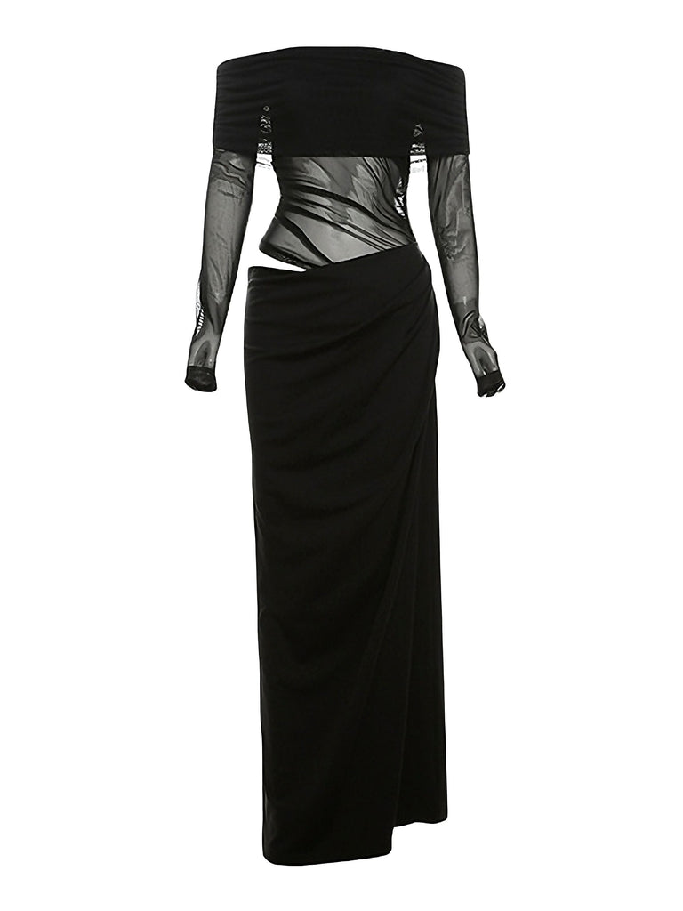 1980er Solide Schulterfrei Netz Cut-Out Durchsichtig Kleid