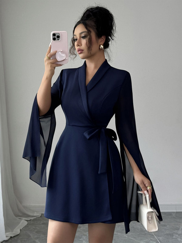 Blau 1980er Solide Schlitz Netz Ärmel Bogen Revers Kleid