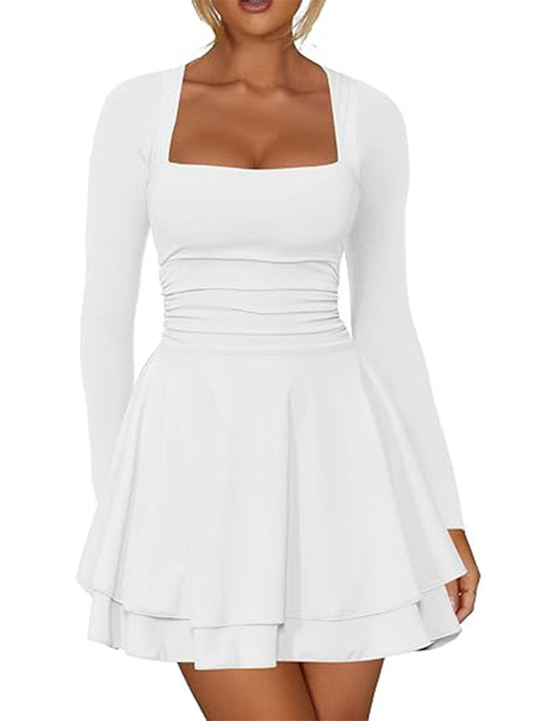 1980er Solide Tailliert Quadratischer Hals Langarm Kleid