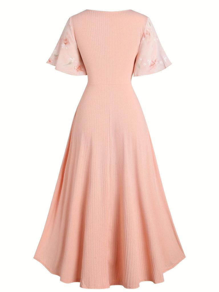 [Übergröße] Rosa 1970er Blumen Rüschen Unregelmäßigem Saum Kleid