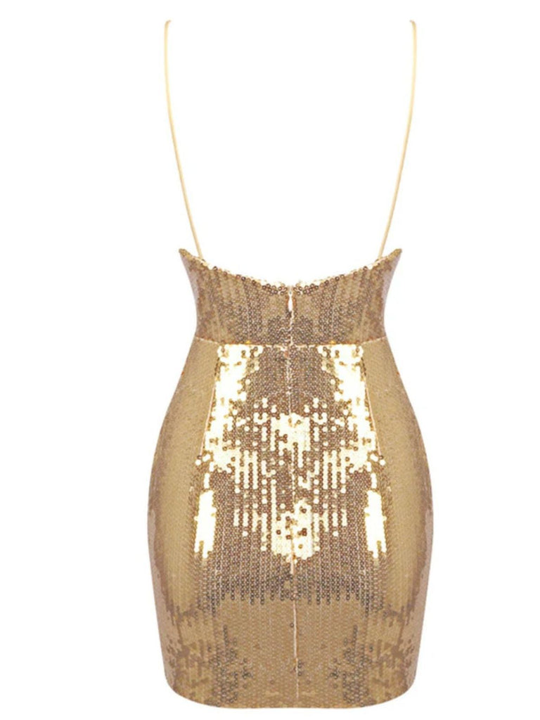 Gold 1970er Solide Pailletten Mini Party Kleid