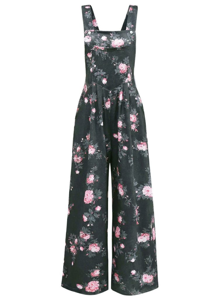 Grün 1940er Blumen Drucken Weitbeinig Jumpsuit