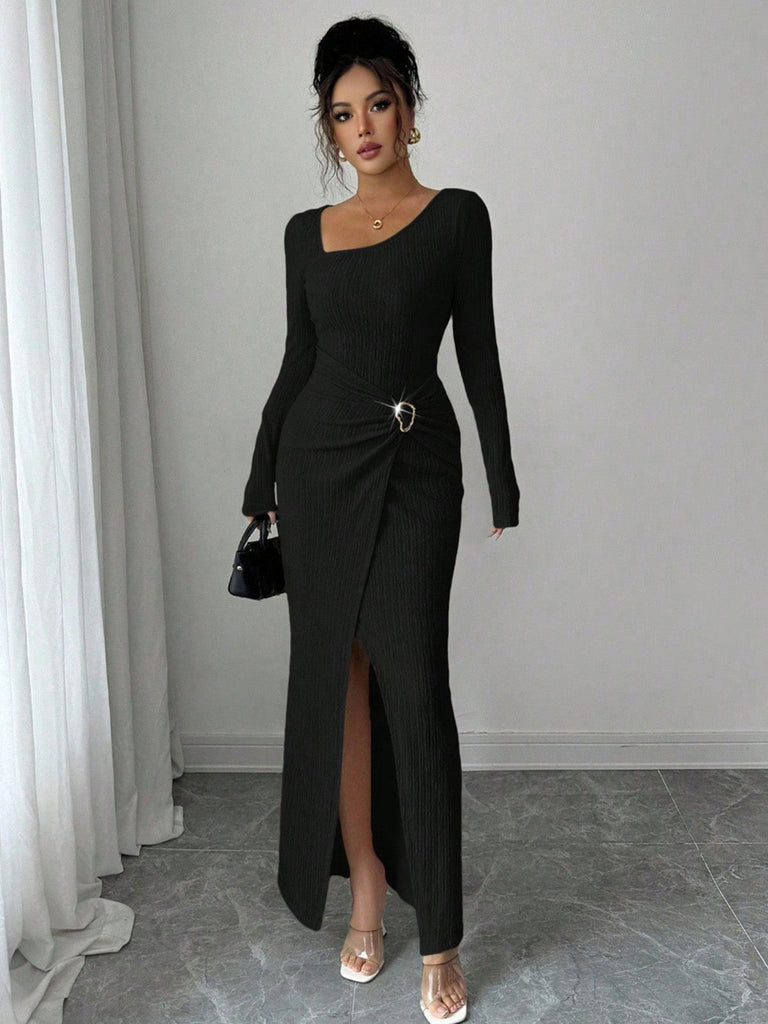 1930er Rippstrick Langarm Split Kleid