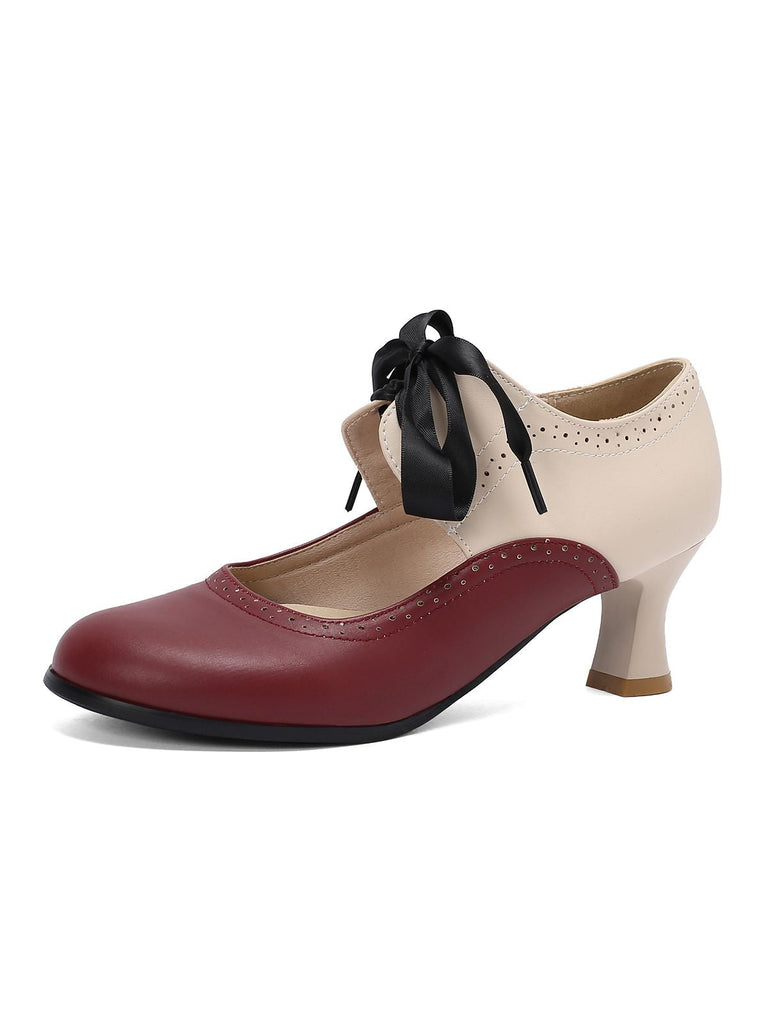 Vintage Farbblock Schnürung Kitten Heel Schuhe