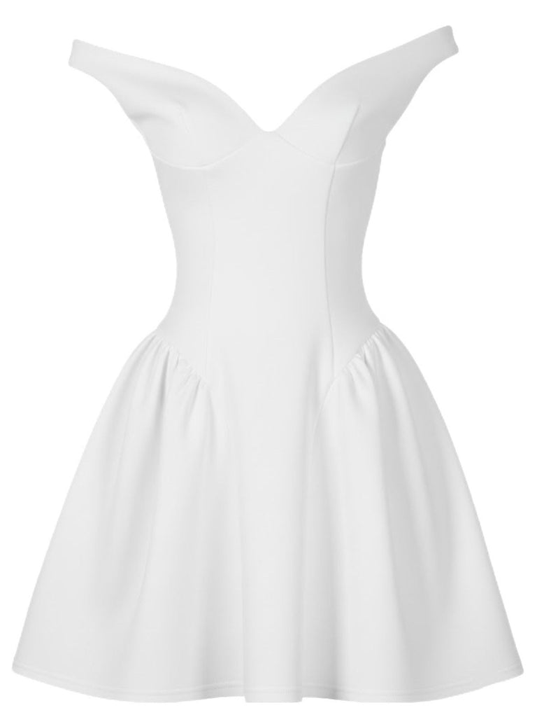 1970er Solide Schulterfrei Tief V-Ausschnitt Skater Kleid